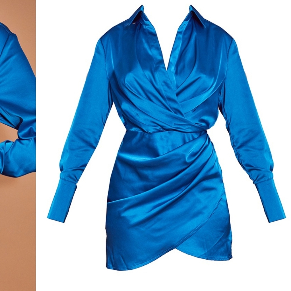 Sleek Blue Satin Wrap Dress Pretty Little Thing Size 12 Nwt